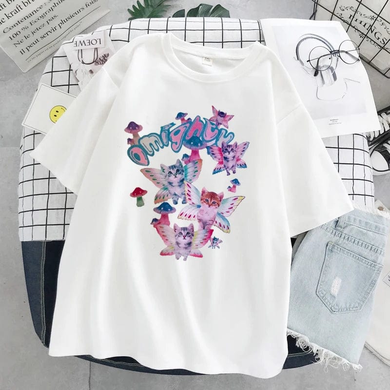 Y2K Oversized Tshirt Harajuku T-shirt Butterfly Mushroom Cat Print Short Sleeve Top Casual Street Vintage Tshirt Punk Clothes