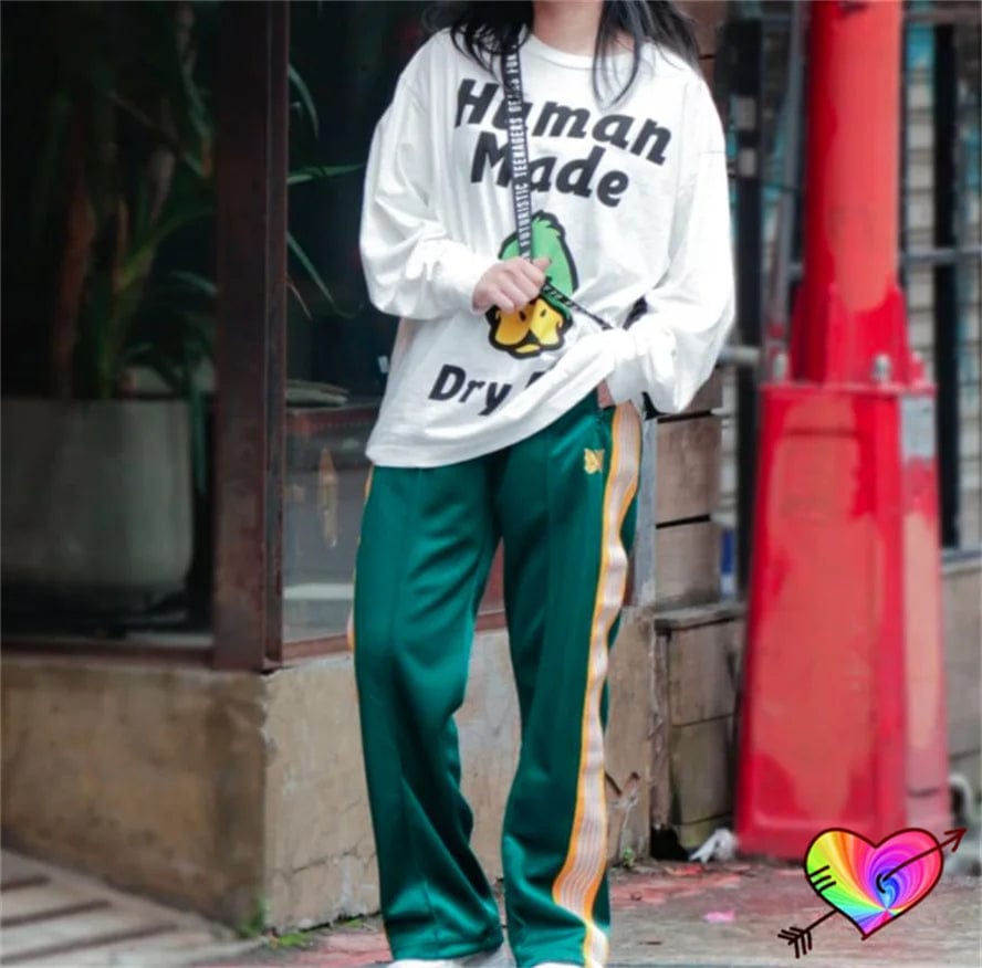 Yellow Knit Stripe Needles Pants Men Women Green Poly Smooth Needles Track Pants 2024 Embroidery Butterfly AWGE Sweatpants