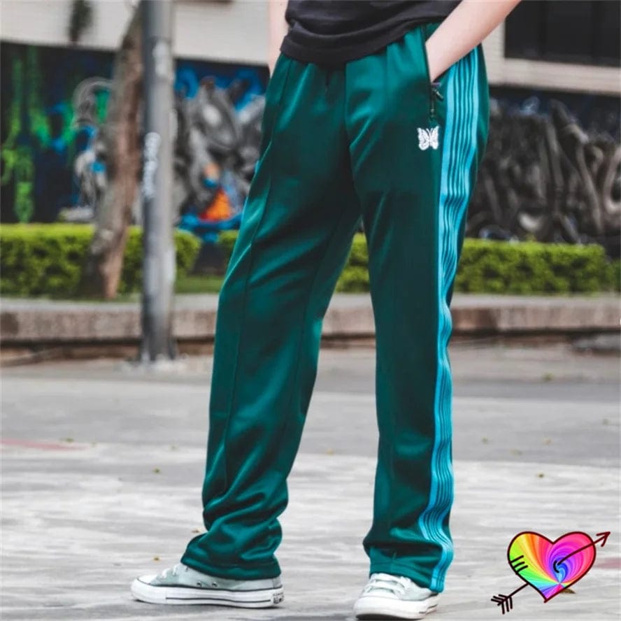 Yellow Knit Stripe Needles Pants Men Women Green Poly Smooth Needles Track Pants 2024 Embroidery Butterfly AWGE Sweatpants