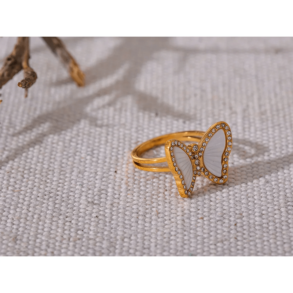 Yhpup Exquisite Natural Shell CZ Stainless Steel Butterfly Ring Inlaid Cubic Zirconia Gold Color Fashion Jewelry Accessories