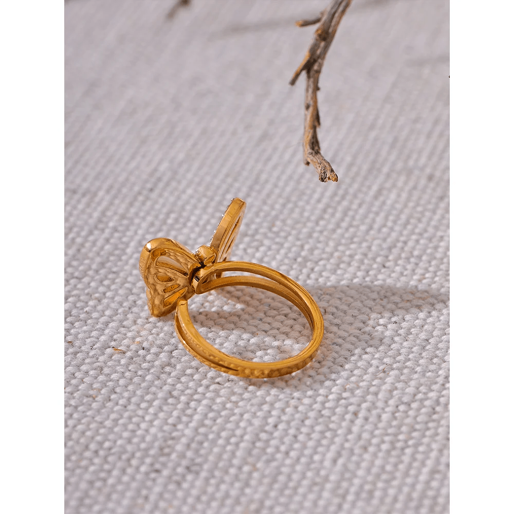 Yhpup Exquisite Natural Shell CZ Stainless Steel Butterfly Ring Inlaid Cubic Zirconia Gold Color Fashion Jewelry Accessories