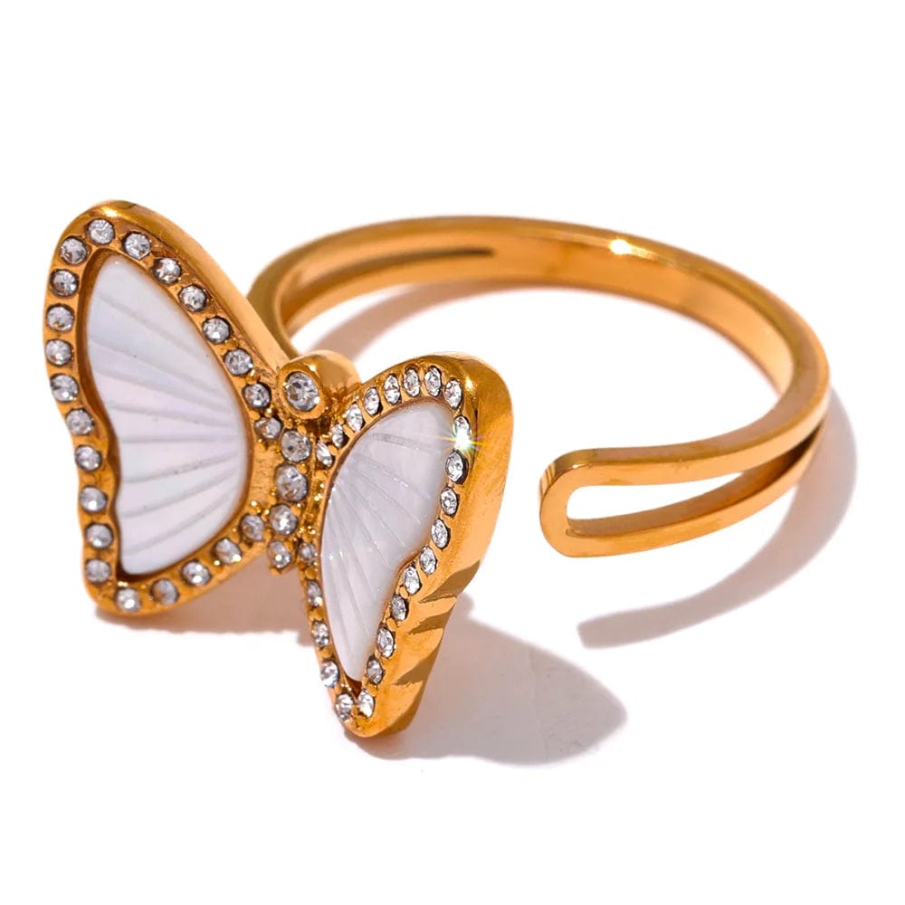 Yhpup Exquisite Natural Shell CZ Stainless Steel Butterfly Ring Inlaid Cubic Zirconia Gold Color Fashion Jewelry Accessories