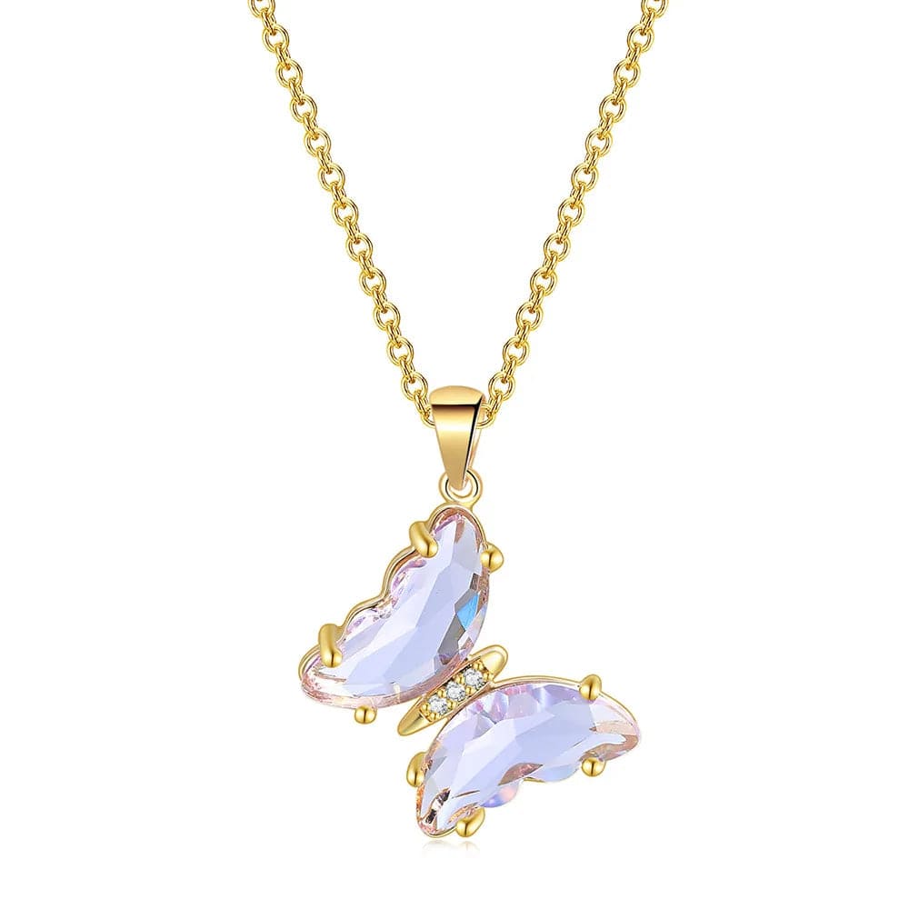 ZHOUYANG Butterfly Necklace For Women Aesthetic Pink Purple Crystal Pendant Choker Chain Jewellry Collars Jewelry Wholesale N227