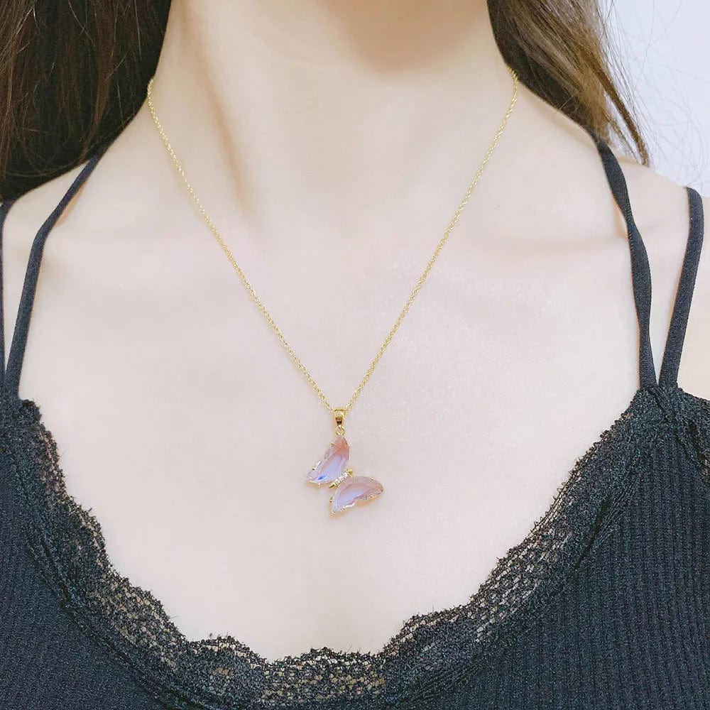 ZHOUYANG Butterfly Necklace For Women Aesthetic Pink Purple Crystal Pendant Choker Chain Jewellry Collars Jewelry Wholesale N227